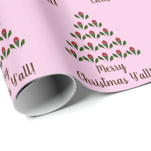 Red Roses Green Holly Christmas Tree & Wish, roze Cadeaupapier (Rol Hoek)