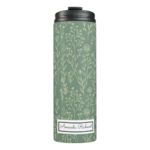 Red Roses Green Whimsical Pattern Thermal Tumbler Thermosbeker