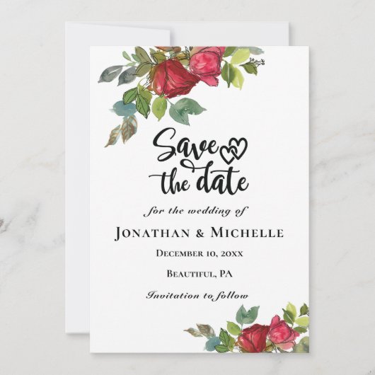 Red Roses Greenery Floral Hearts Save The Date (Voorkant)