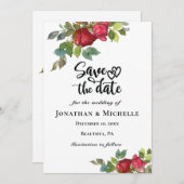Red Roses Greenery Floral Hearts Save The Date (Voorkant / Achterkant)