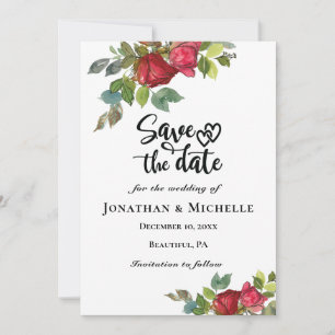 Red Roses Greenery Floral Hearts Save The Date