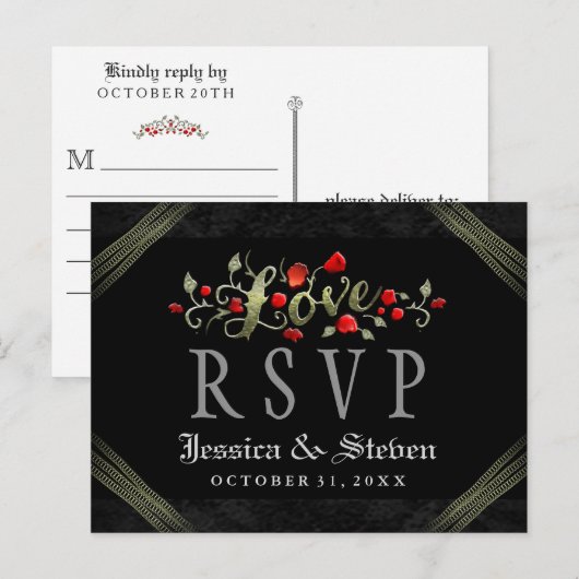 Red Roses Halloween LOVE Wedding RSVP Briefkaart (Voorkant / Achterkant)
