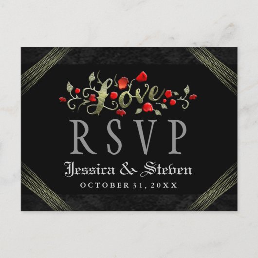 Red Roses Halloween LOVE Wedding RSVP Briefkaart (Voorkant)