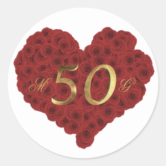 Red Roses Hart Romantisch 50ste bruiloft Jubileum Ronde Sticker (Voorkant)