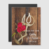 Red Roses Horse Bit Country Wedding Save the Date Magnetische Uitnodiging (Voorkant / Achterkant)