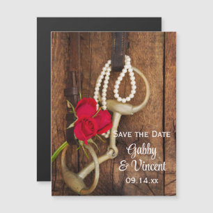 Red Roses Horse Bit Country Wedding Save the Date Magnetische Uitnodiging