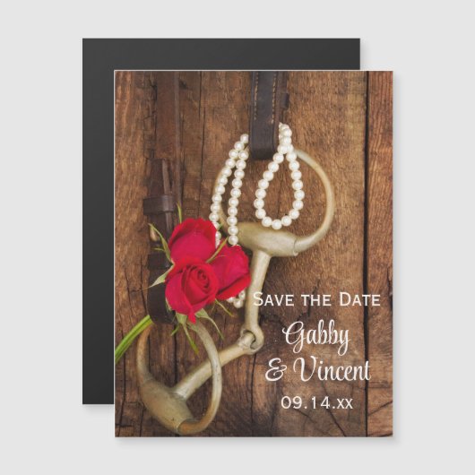Red Roses Horse Bit Country Wedding Save the Date Magnetische Uitnodiging (Voorkant / Achterkant)