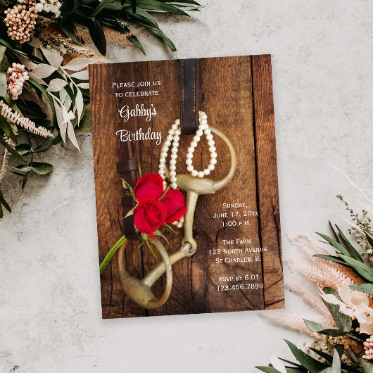 Red Roses Horse Bit Land Western Birthday Party Kaart