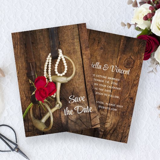 Red Roses Horse Bit Western Weddenschap Save the D Save The Date