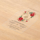 Red Roses Ivory Flowers Gold Muslim Wedding Acryl Uitnodigingen (Laagn)