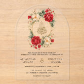 Red Roses Ivory Flowers Gold Muslim Wedding Acryl Uitnodigingen (Voorkant)