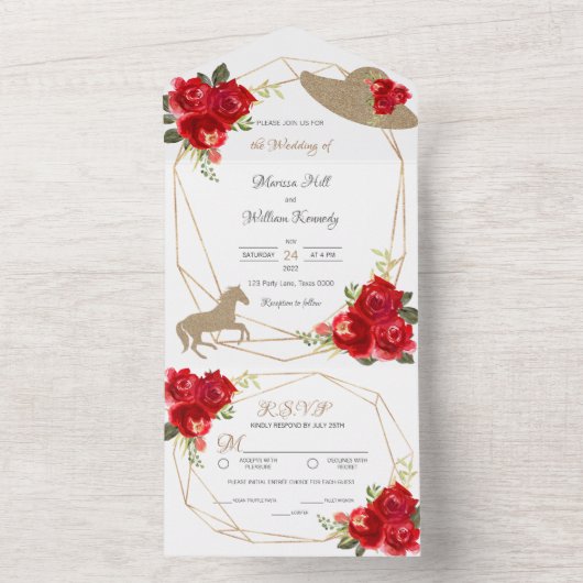 Red Roses Kentucky Derby Wedding Invitations All In One Uitnodiging (Binnen)