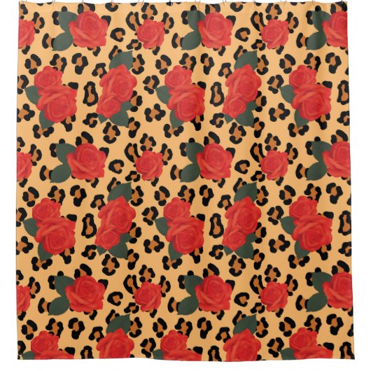 Red Roses Leopard Print Shower Bath Curtain Douchegordijn (Voorkant)