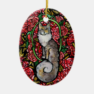 Red Roses Maine Coon Kitty Cat Art Roos Garden Cat Keramisch Ornament