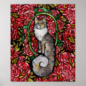 Red Roses Maine Coon Kitty Cat Art Roos Garden Cat Poster (Voorkant)