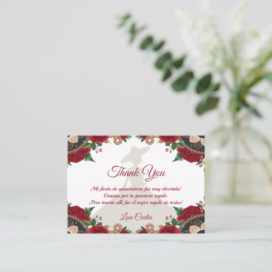 Red Roses Mariachi Quinceañera Dank u wel Visitekaartje (Staand voorkant)