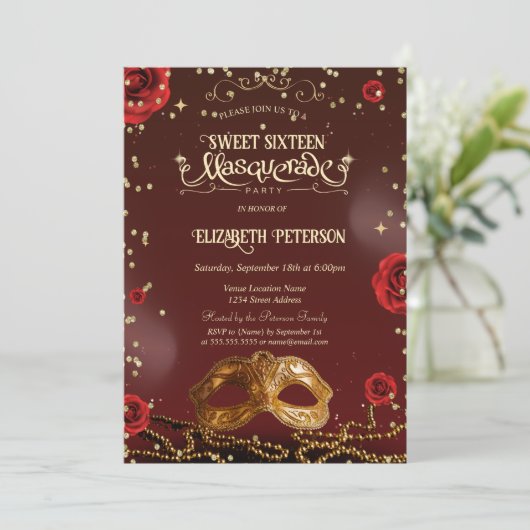 Red Roses Masque Pearls Sweet 16   Kaart (Staand voorkant)