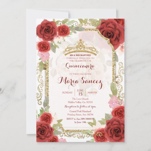 Red Roses Mexican Girl Mis Quince Kaart (Voorkant)