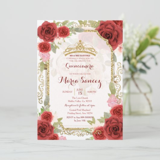 Red Roses Mexican Girl Mis Quince Kaart (Staand voorkant)