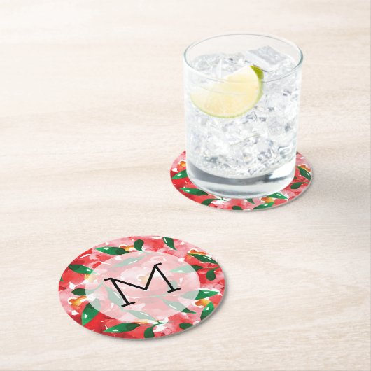 Red Roses Monogram Ronde Kartonnen Onderzetter (Insitu)