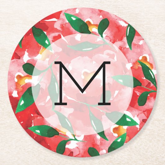 Red Roses Monogram Ronde Kartonnen Onderzetter (Voorkant)