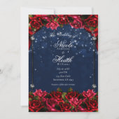 Red Roses Navy Blue Gold betoverde Floral Wedding Kaart (Voorkant)