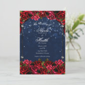 Red Roses Navy Blue Gold betoverde Floral Wedding Kaart (Staand voorkant)
