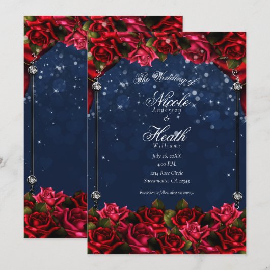 Red Roses Navy Blue Gold betoverde Floral Wedding Kaart (Voorkant / Achterkant)