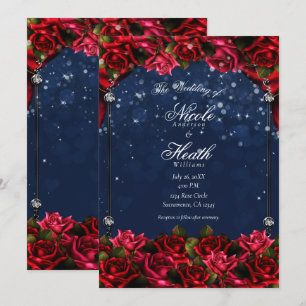 Red Roses Navy Blue Gold betoverde Floral Wedding Kaart