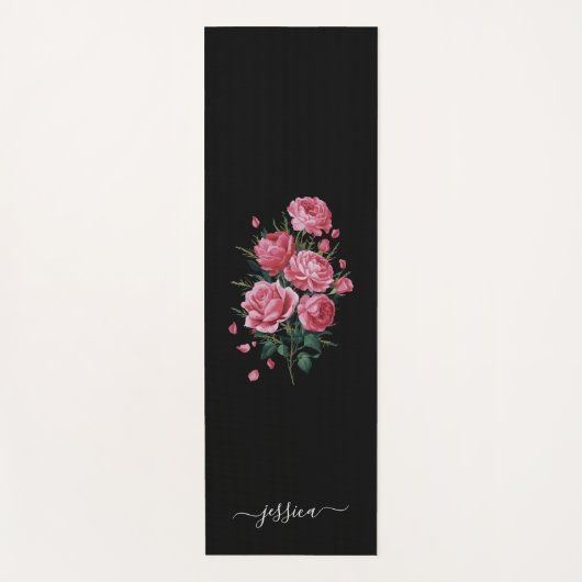 Red Roses on Black with script name Yogamat (Voorkant)