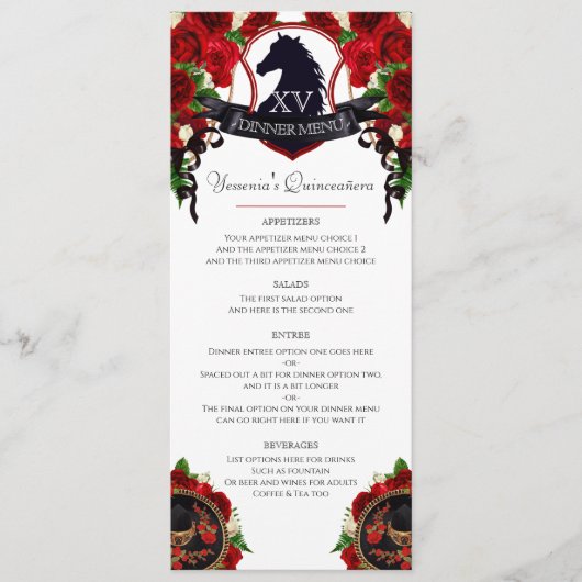 Red Roses Paard Crest Elegant Charro Quince Party Menu (Voorkant)