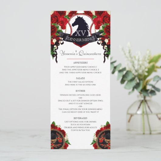 Red Roses Paard Crest Elegant Charro Quince Party Menu (Staand voorkant)