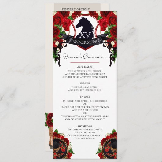 Red Roses Paard Crest Elegant Charro Quince Party Menu (Voorkant / Achterkant)