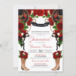 Red Roses & Peonies Western Charra Quinceanera Kaart