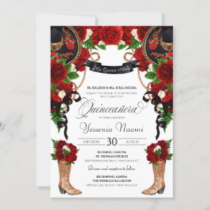 Red Roses & Peonies Western Charro Quinceanera Inv Kaart