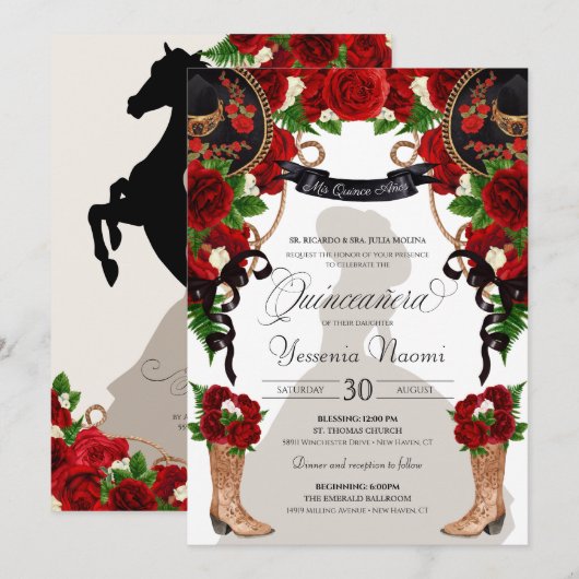 Red Roses & Peonies Western Charro Quinceanera Kaart (Voorkant / Achterkant)