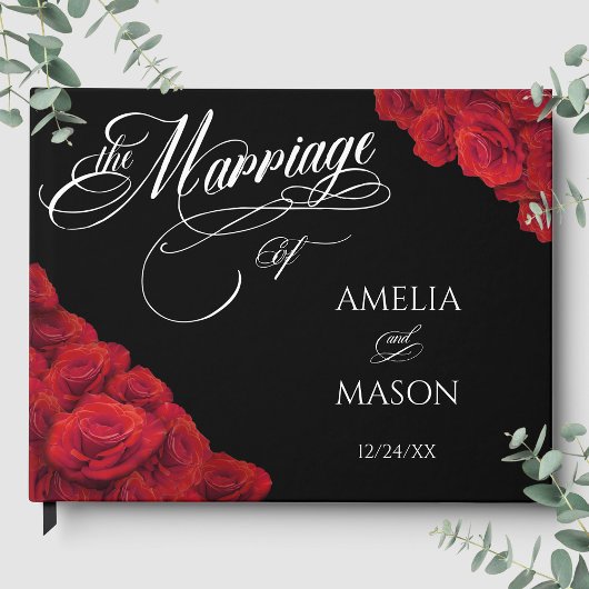 Red Roses Photo Calligraphy Script Black Wedding Gastenboek