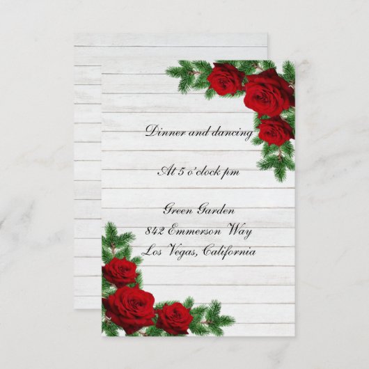 Red Roses Pine Branch kerstbruiloft Reception Kaart (Voorkant / Achterkant)