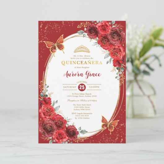 Red Roses Quinceañera Butterfly 15e verjaardag Kaart (Staand voorkant)