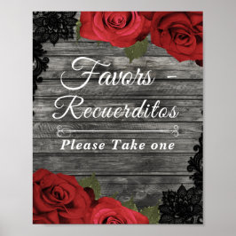 Red Roses Rustic Black Lace Wedding Favor Sign Poster