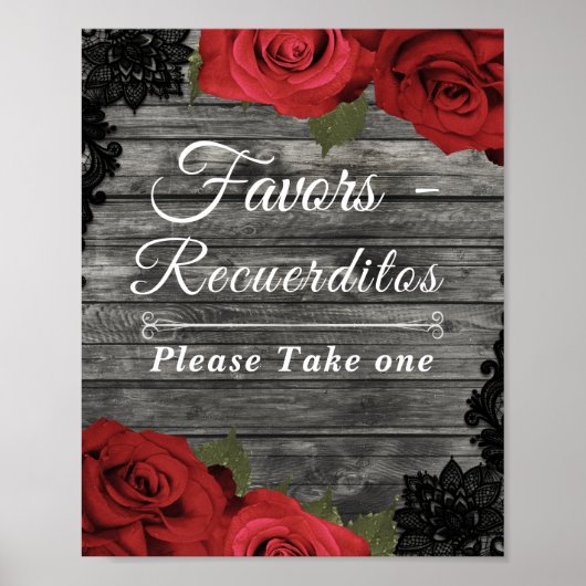 Red Roses Rustic Black Lace Wedding Favor Sign Poster (Voorkant)