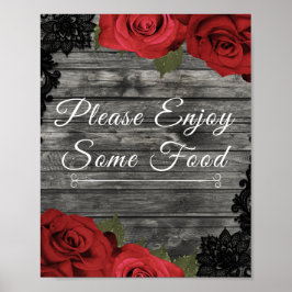 Red Roses Rustic Black Lace Wedding Food Sign Poster