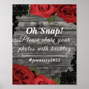 Red Roses Rustic Black Lace Wedding Hashtag Poster