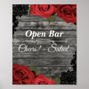 Red Roses Rustic Black Lace Wedding Open Bar Sign Poster