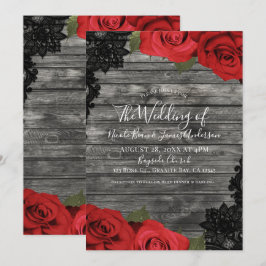 Red Roses Rustic Wood Black Lace Wedding Kaart