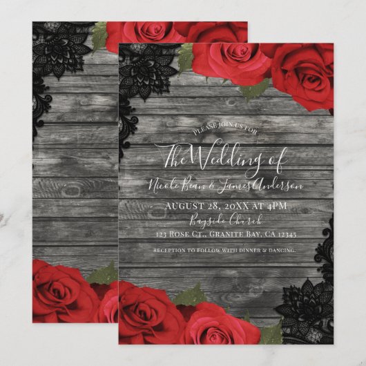 Red Roses Rustic Wood Black Lace Wedding Kaart (Voorkant / Achterkant)