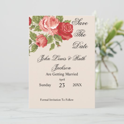 Red Roses Script Save The Date | Elegant Floral  (Staand voorkant)