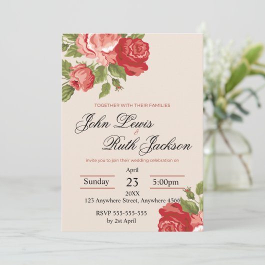 Red Roses Script Wedding Invitation | Elegant Roma Kaart (Staand voorkant)