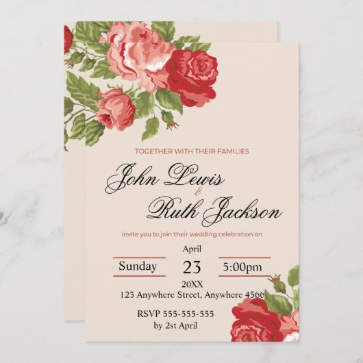Red Roses Script Wedding Invitation | Elegant Roma Kaart (Voorkant / Achterkant)