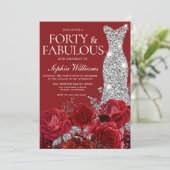 Red Roses Silver Diamond Gown 40th Birthday Party Kaart (Staand voorkant)